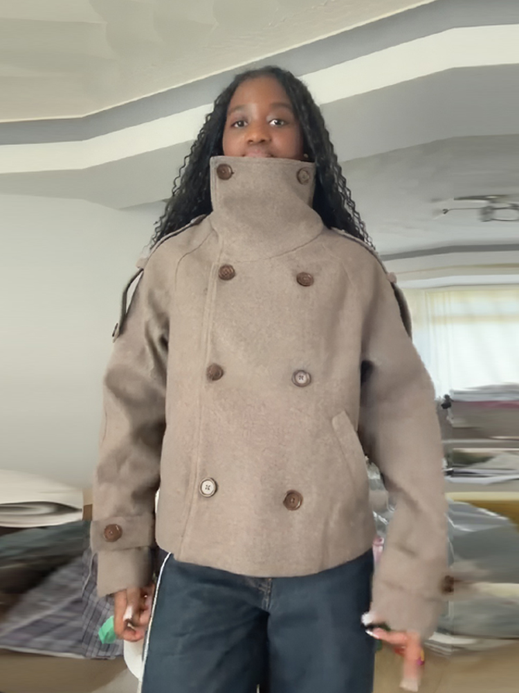 Stand Collar Short Brown Women - огляд і ціна Wool Coat Peacoat
